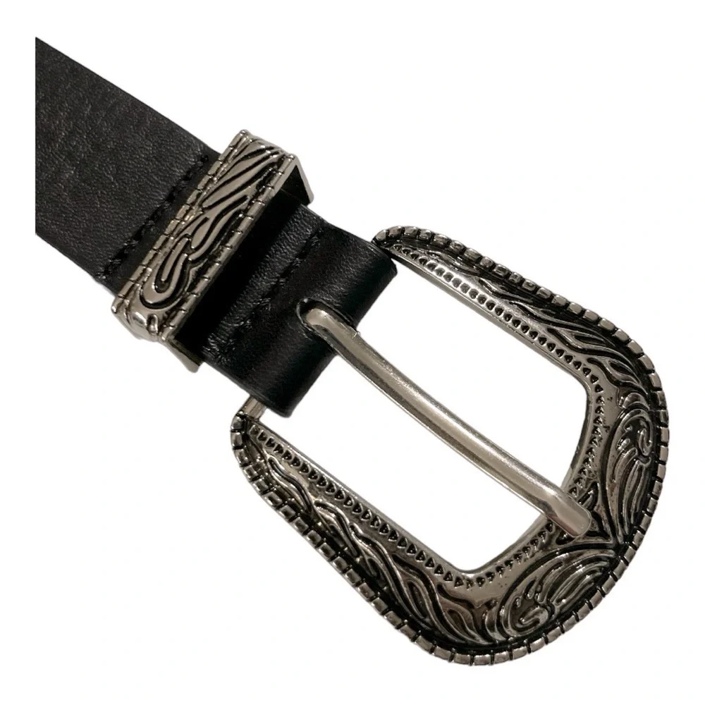 Black Leather Western Engraved Silver Buckle Belt | Size 27 | Boho Cowgirl